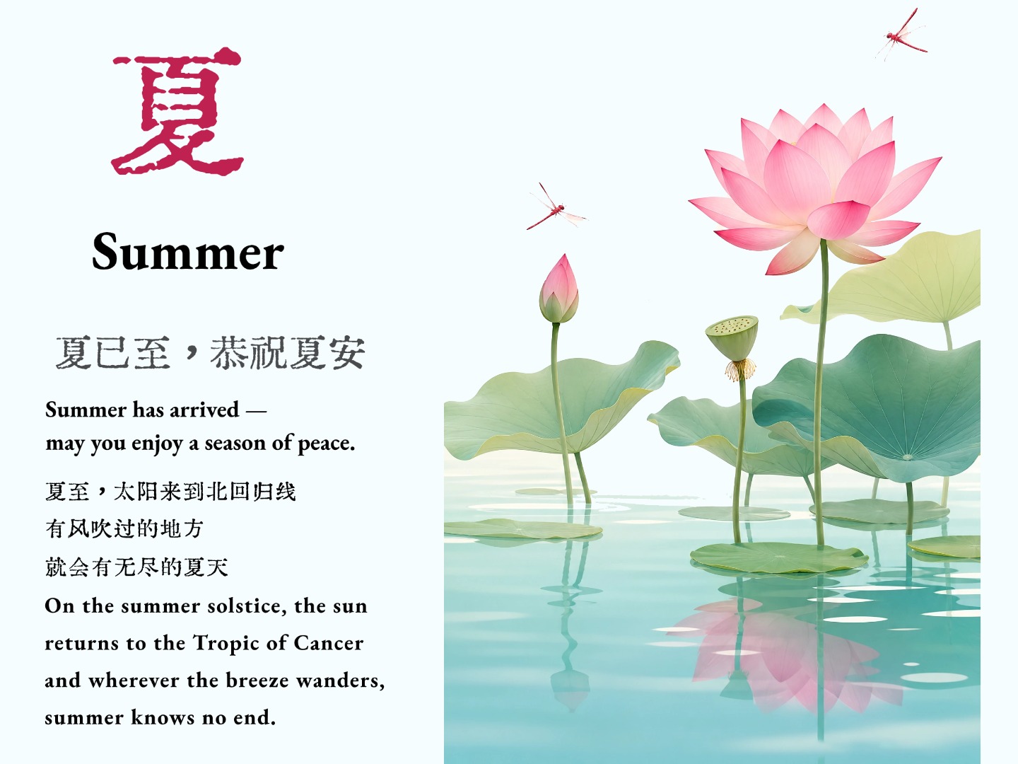 夏 · 国风节气海报：朱砂字“夏”与荷塘